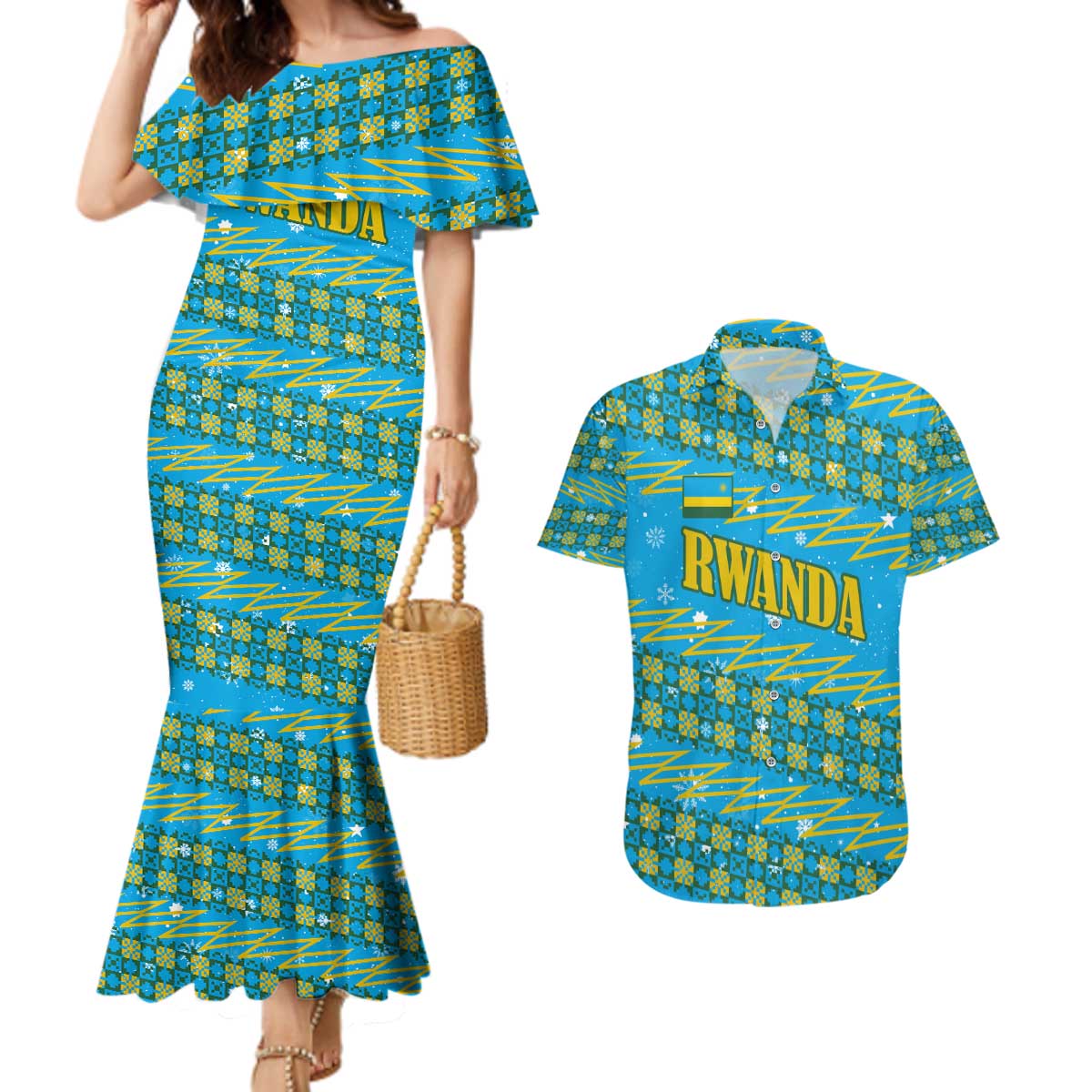 Rwanda Christmas Couples Matching Mermaid Dress and Hawaiian Shirt with Blue-Yellow Pattern, Festive Geometric Motifs, and Bold Typography - Wonder Print Shop