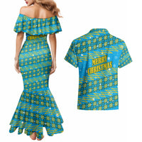 Rwanda Christmas Couples Matching Mermaid Dress and Hawaiian Shirt with Blue-Yellow Pattern, Festive Geometric Motifs, and Bold Typography - Wonder Print Shop