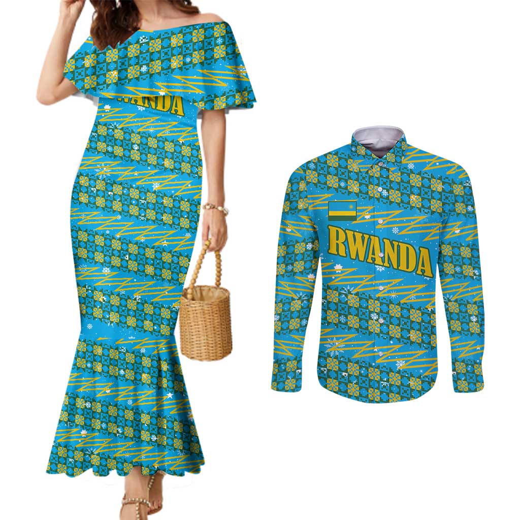 Rwanda Christmas Couples Matching Mermaid Dress and Long Sleeve Button Shirt with Blue-Yellow Pattern, Festive Geometric Motifs, and Bold Typography - Wonder Print Shop