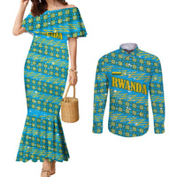 Rwanda Christmas Couples Matching Mermaid Dress and Long Sleeve Button Shirt with Blue-Yellow Pattern, Festive Geometric Motifs, and Bold Typography - Wonder Print Shop