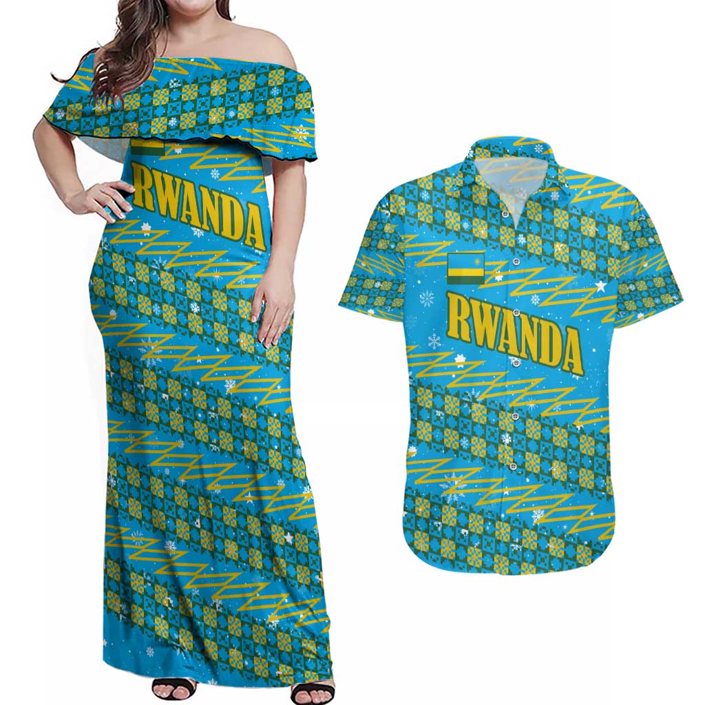 Rwanda Christmas Couples Matching Off Shoulder Maxi Dress and Hawaiian Shirt with Blue-Yellow Pattern, Festive Geometric Motifs, and Bold Typography - Wonder Print Shop
