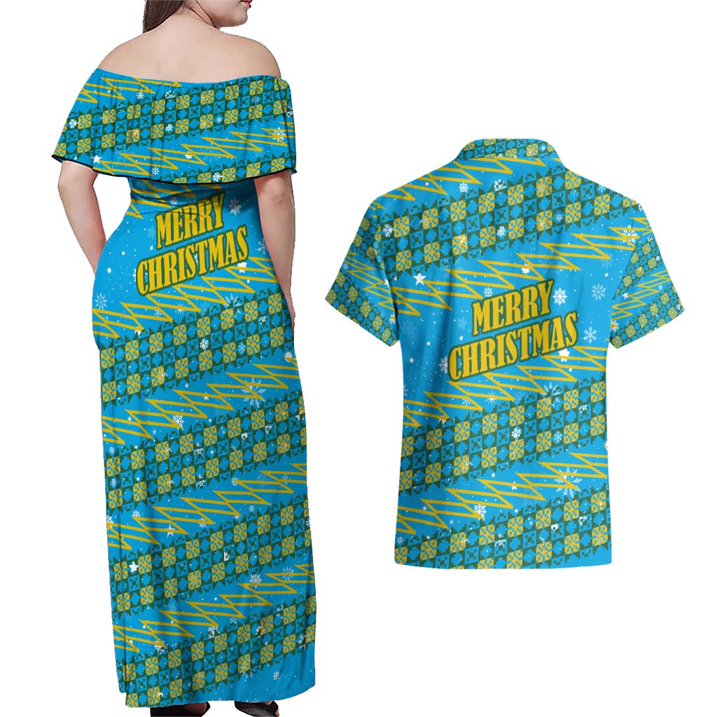 Rwanda Christmas Couples Matching Off Shoulder Maxi Dress and Hawaiian Shirt with Blue-Yellow Pattern, Festive Geometric Motifs, and Bold Typography - Wonder Print Shop