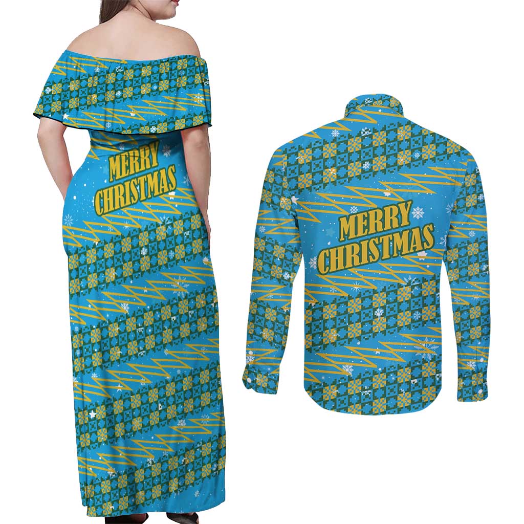 Rwanda Christmas Couples Matching Off Shoulder Maxi Dress and Long Sleeve Button Shirt with Blue-Yellow Pattern, Festive Geometric Motifs, and Bold Typography - Wonder Print Shop