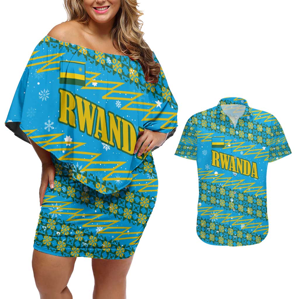 Rwanda Christmas Couples Matching Off Shoulder Short Dress and Hawaiian Shirt with Blue-Yellow Pattern, Festive Geometric Motifs, and Bold Typography - Wonder Print Shop