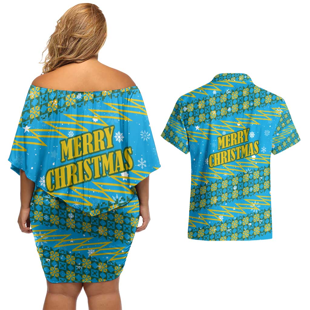 Rwanda Christmas Couples Matching Off Shoulder Short Dress and Hawaiian Shirt with Blue-Yellow Pattern, Festive Geometric Motifs, and Bold Typography - Wonder Print Shop