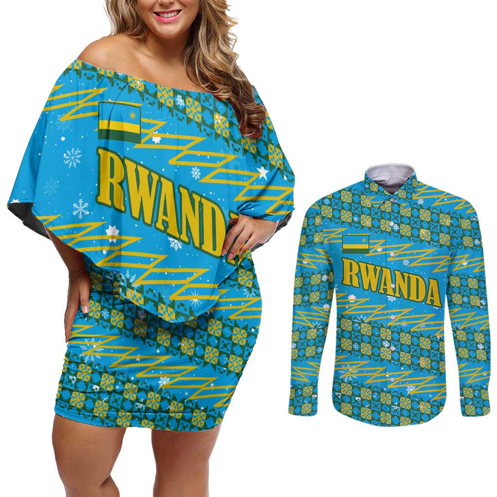 Rwanda Christmas Couples Matching Off Shoulder Short Dress and Long Sleeve Button Shirt with Blue-Yellow Pattern, Festive Geometric Motifs, and Bold Typography - Wonder Print Shop