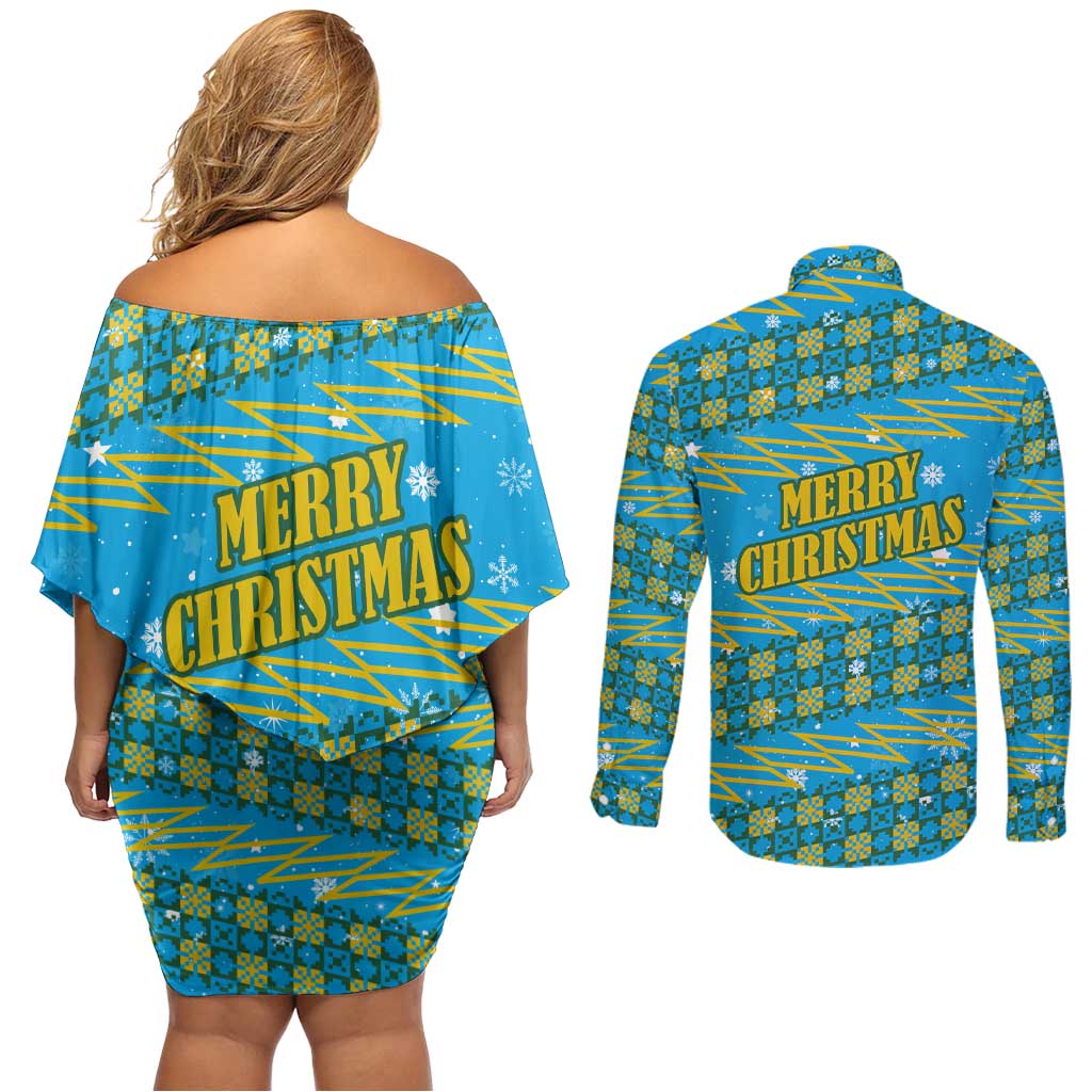 Rwanda Christmas Couples Matching Off Shoulder Short Dress and Long Sleeve Button Shirt with Blue-Yellow Pattern, Festive Geometric Motifs, and Bold Typography - Wonder Print Shop