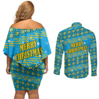 Rwanda Christmas Couples Matching Off Shoulder Short Dress and Long Sleeve Button Shirt with Blue-Yellow Pattern, Festive Geometric Motifs, and Bold Typography - Wonder Print Shop