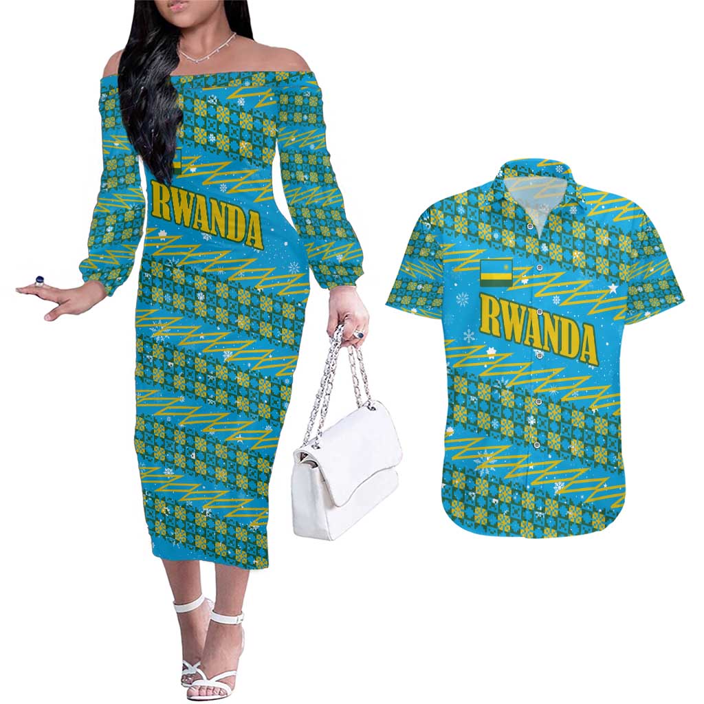 Rwanda Christmas Couples Matching Off The Shoulder Long Sleeve Dress and Hawaiian Shirt with Blue-Yellow Pattern, Festive Geometric Motifs, and Bold Typography - Wonder Print Shop