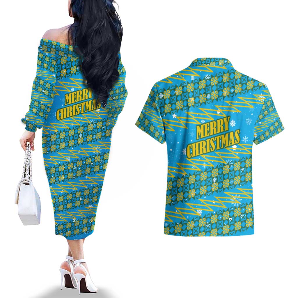 Rwanda Christmas Couples Matching Off The Shoulder Long Sleeve Dress and Hawaiian Shirt with Blue-Yellow Pattern, Festive Geometric Motifs, and Bold Typography - Wonder Print Shop