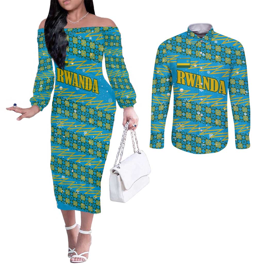 Rwanda Christmas Couples Matching Off The Shoulder Long Sleeve Dress and Long Sleeve Button Shirt with Blue-Yellow Pattern, Festive Geometric Motifs, and Bold Typography - Wonder Print Shop