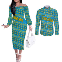Rwanda Christmas Couples Matching Off The Shoulder Long Sleeve Dress and Long Sleeve Button Shirt with Blue-Yellow Pattern, Festive Geometric Motifs, and Bold Typography - Wonder Print Shop