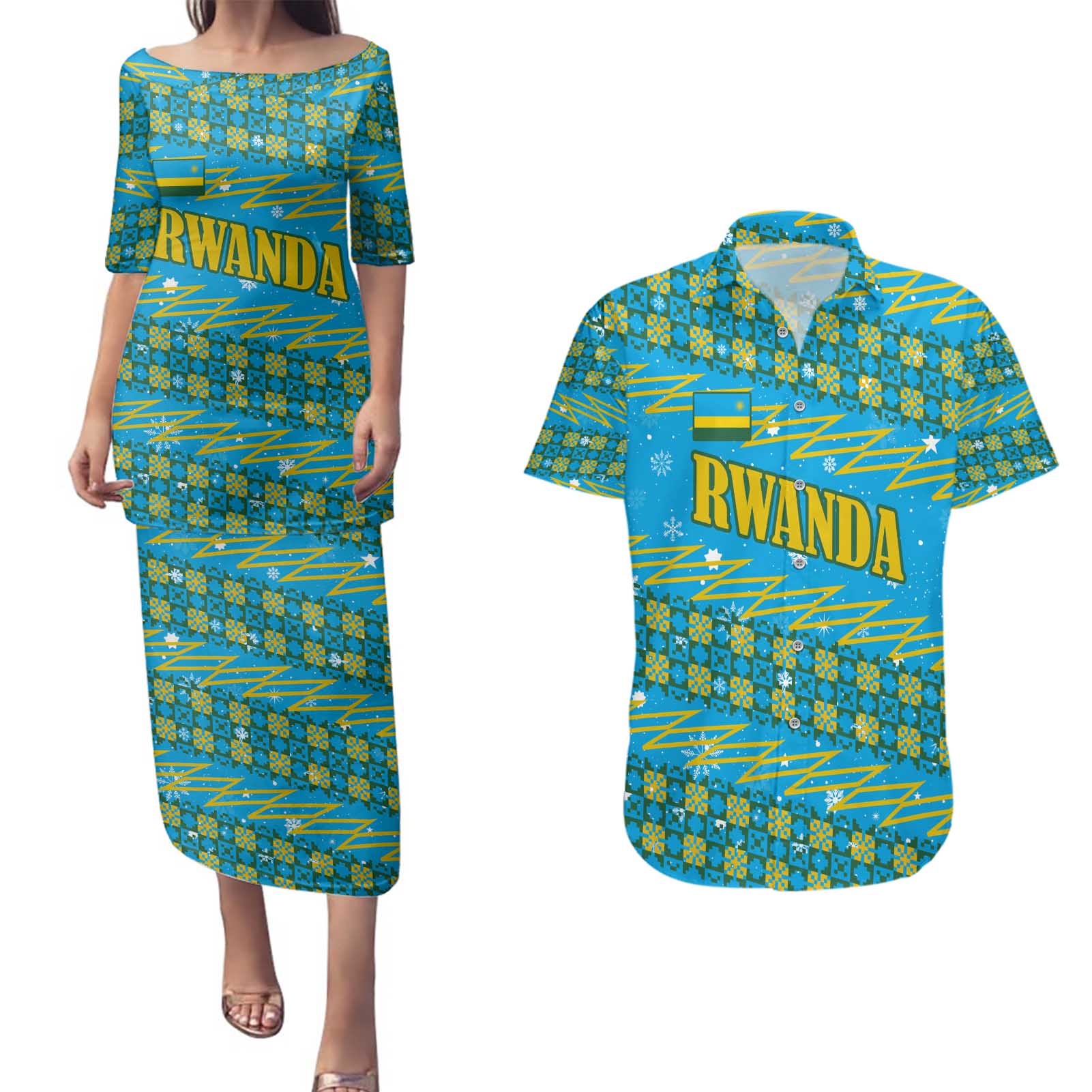 Rwanda Christmas Couples Matching Puletasi and Hawaiian Shirt with Blue-Yellow Pattern, Festive Geometric Motifs, and Bold Typography - Wonder Print Shop