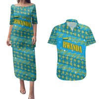 Rwanda Christmas Couples Matching Puletasi and Hawaiian Shirt with Blue-Yellow Pattern, Festive Geometric Motifs, and Bold Typography - Wonder Print Shop