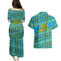 Rwanda Christmas Couples Matching Puletasi and Hawaiian Shirt with Blue-Yellow Pattern, Festive Geometric Motifs, and Bold Typography - Wonder Print Shop