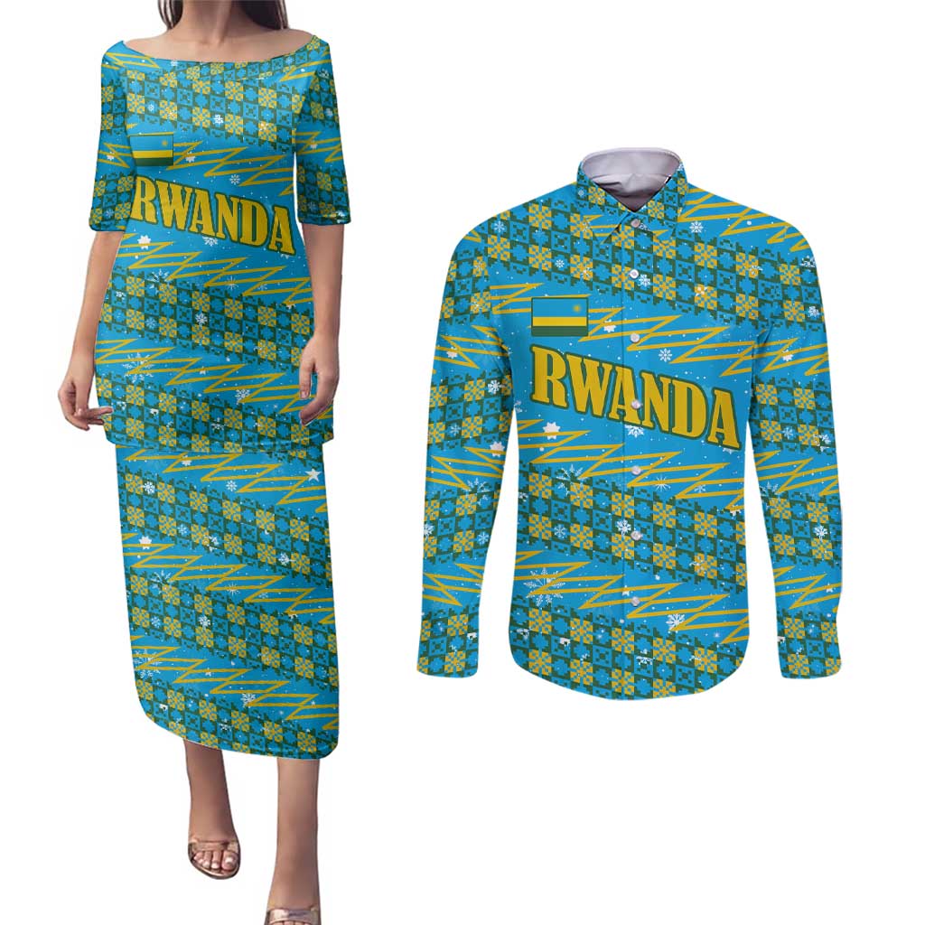 Rwanda Christmas Couples Matching Puletasi and Long Sleeve Button Shirt with Blue-Yellow Pattern, Festive Geometric Motifs, and Bold Typography - Wonder Print Shop