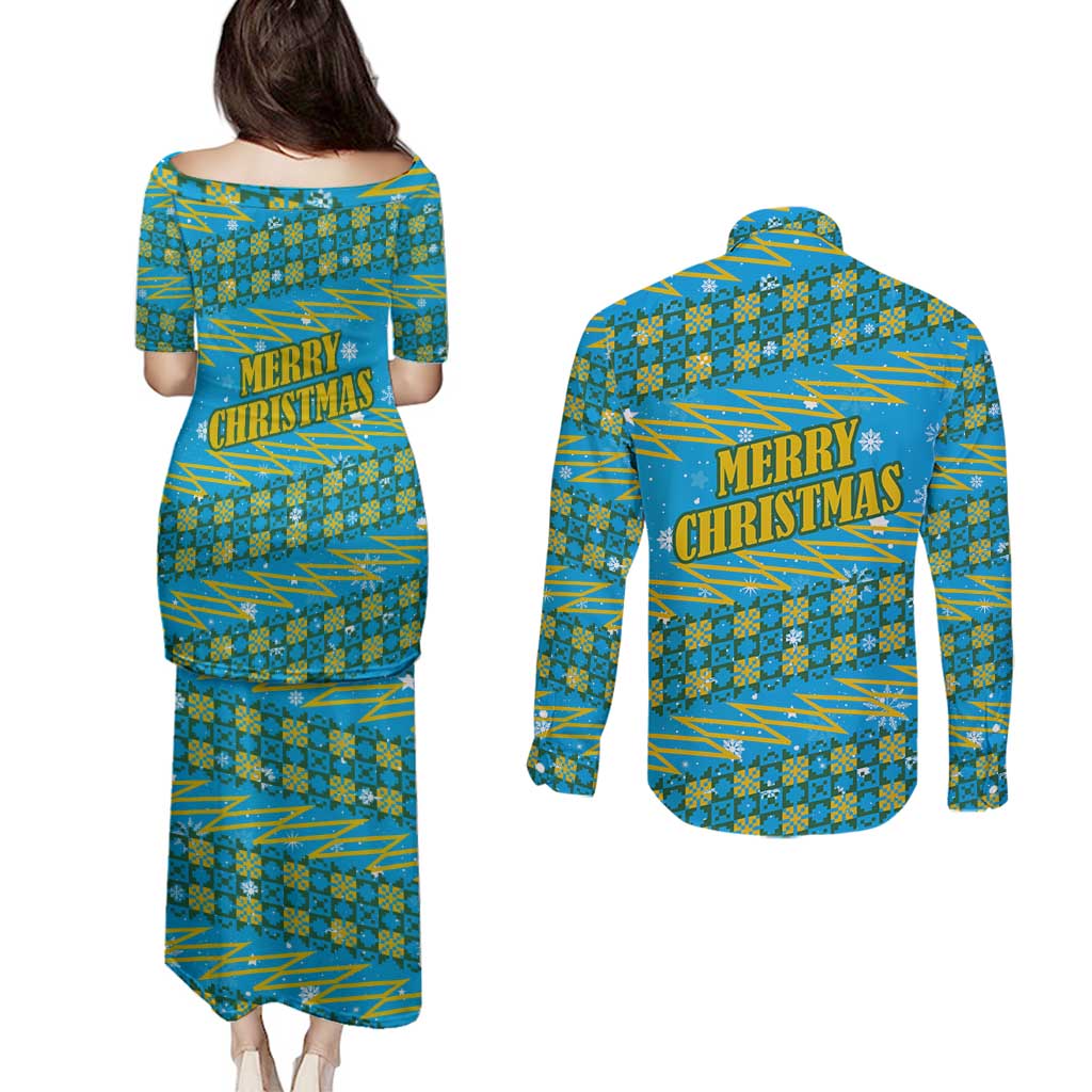 Rwanda Christmas Couples Matching Puletasi and Long Sleeve Button Shirt with Blue-Yellow Pattern, Festive Geometric Motifs, and Bold Typography - Wonder Print Shop