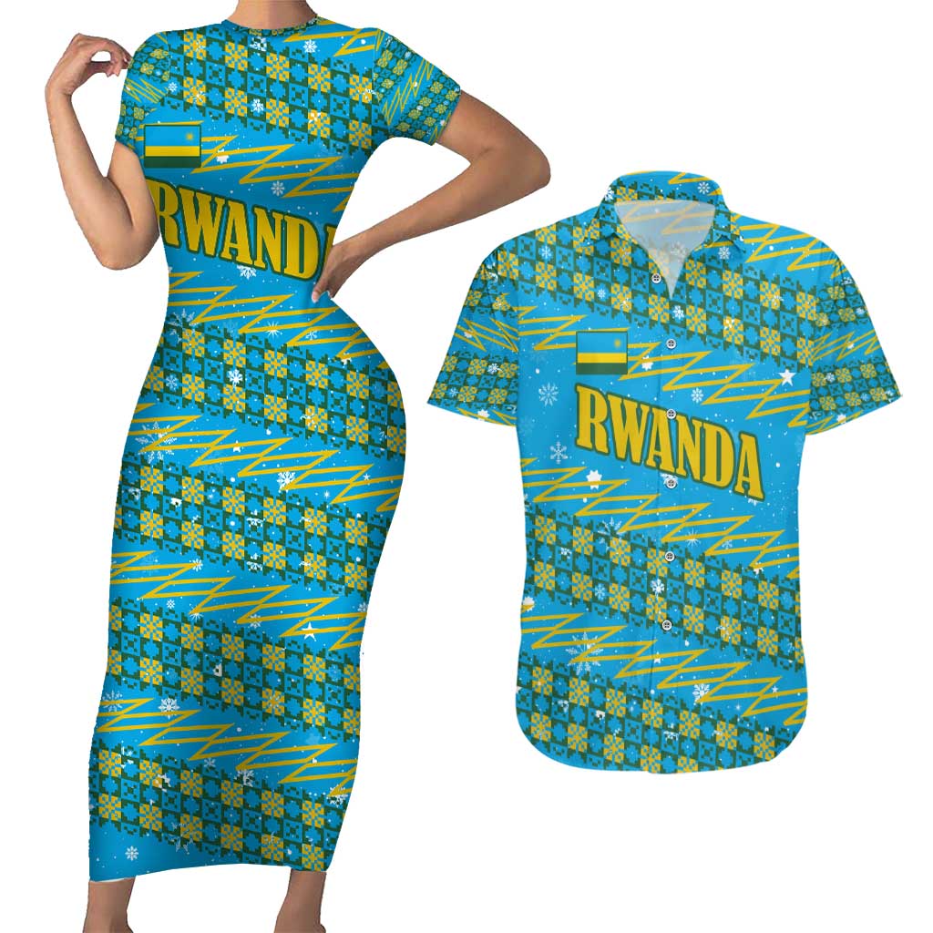 Rwanda Christmas Couples Matching Short Sleeve Bodycon Dress and Hawaiian Shirt with Blue-Yellow Pattern, Festive Geometric Motifs, and Bold Typography - Wonder Print Shop