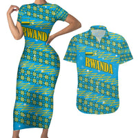 Rwanda Christmas Couples Matching Short Sleeve Bodycon Dress and Hawaiian Shirt with Blue-Yellow Pattern, Festive Geometric Motifs, and Bold Typography - Wonder Print Shop