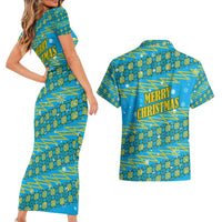 Rwanda Christmas Couples Matching Short Sleeve Bodycon Dress and Hawaiian Shirt with Blue-Yellow Pattern, Festive Geometric Motifs, and Bold Typography - Wonder Print Shop