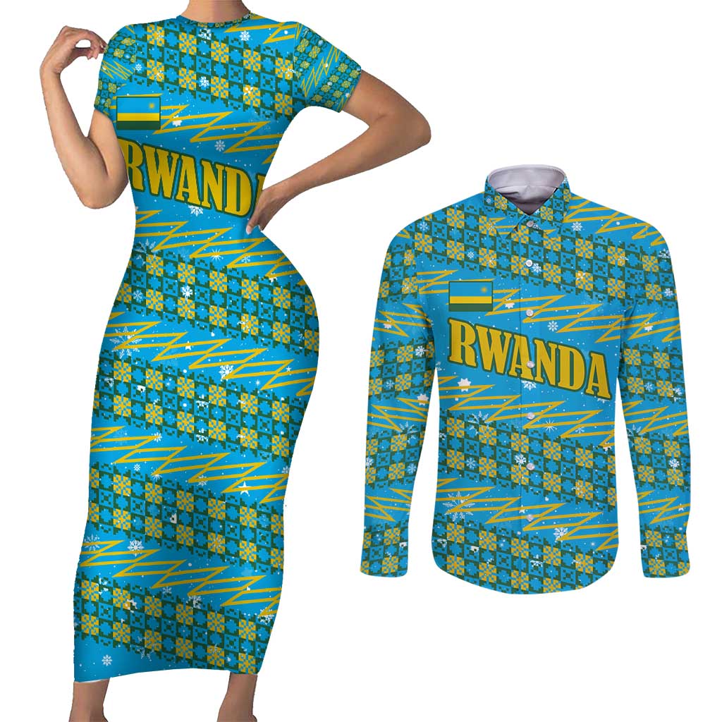 Rwanda Christmas Couples Matching Short Sleeve Bodycon Dress and Long Sleeve Button Shirt with Blue-Yellow Pattern, Festive Geometric Motifs, and Bold Typography - Wonder Print Shop