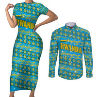 Rwanda Christmas Couples Matching Short Sleeve Bodycon Dress and Long Sleeve Button Shirt with Blue-Yellow Pattern, Festive Geometric Motifs, and Bold Typography - Wonder Print Shop