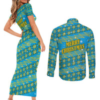 Rwanda Christmas Couples Matching Short Sleeve Bodycon Dress and Long Sleeve Button Shirt with Blue-Yellow Pattern, Festive Geometric Motifs, and Bold Typography - Wonder Print Shop
