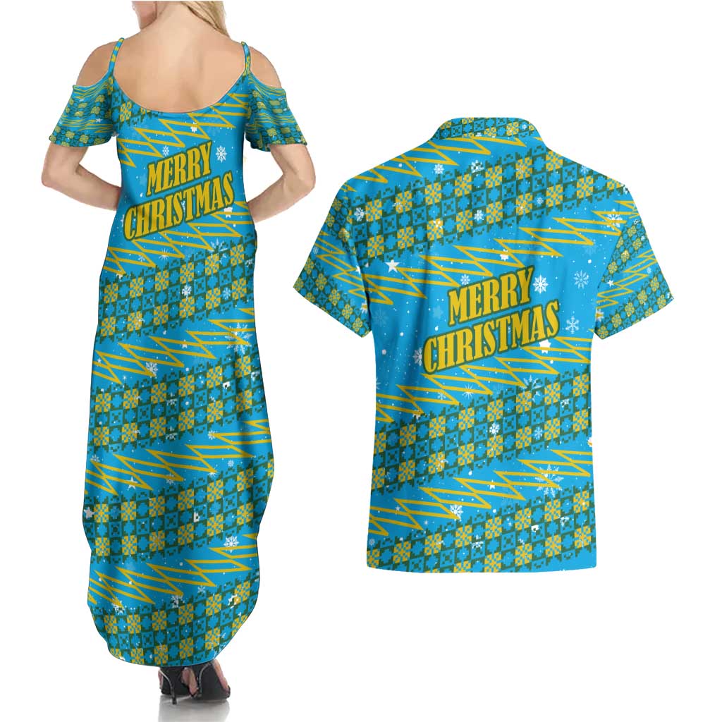 Rwanda Christmas Couples Matching Summer Maxi Dress and Hawaiian Shirt with Blue-Yellow Pattern, Festive Geometric Motifs, and Bold Typography - Wonder Print Shop
