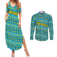 Rwanda Christmas Couples Matching Summer Maxi Dress and Long Sleeve Button Shirt with Blue-Yellow Pattern, Festive Geometric Motifs, and Bold Typography - Wonder Print Shop