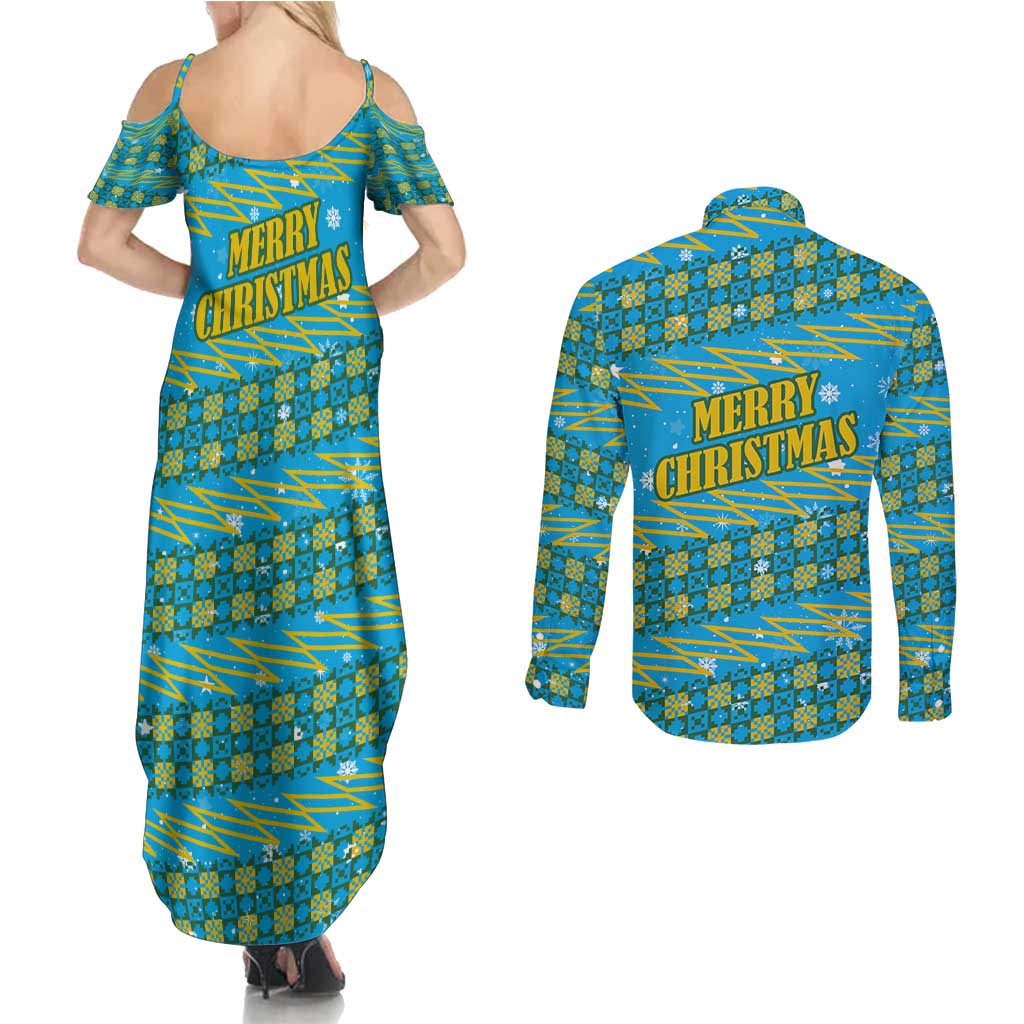 Rwanda Christmas Couples Matching Summer Maxi Dress and Long Sleeve Button Shirt with Blue-Yellow Pattern, Festive Geometric Motifs, and Bold Typography - Wonder Print Shop