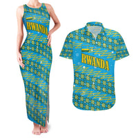 Rwanda Christmas Couples Matching Tank Maxi Dress and Hawaiian Shirt with Blue-Yellow Pattern, Festive Geometric Motifs, and Bold Typography - Wonder Print Shop