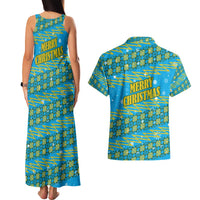 Rwanda Christmas Couples Matching Tank Maxi Dress and Hawaiian Shirt with Blue-Yellow Pattern, Festive Geometric Motifs, and Bold Typography - Wonder Print Shop