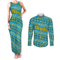 Rwanda Christmas Couples Matching Tank Maxi Dress and Long Sleeve Button Shirt with Blue-Yellow Pattern, Festive Geometric Motifs, and Bold Typography - Wonder Print Shop