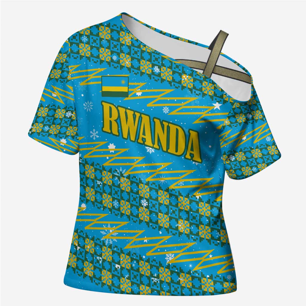 Rwanda Christmas Cross Shoulder Shirt with Blue-Yellow Pattern, Festive Geometric Motifs, and Bold Typography - Wonder Print Shop
