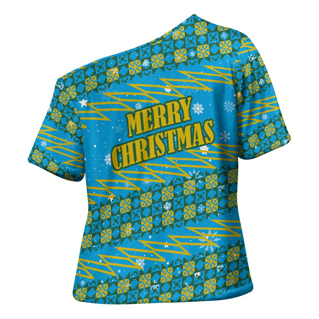 Rwanda Christmas Cross Shoulder Shirt with Blue-Yellow Pattern, Festive Geometric Motifs, and Bold Typography - Wonder Print Shop