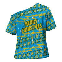 Rwanda Christmas Cross Shoulder Shirt with Blue-Yellow Pattern, Festive Geometric Motifs, and Bold Typography - Wonder Print Shop