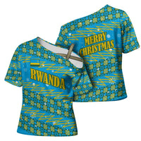 Rwanda Christmas Cross Shoulder Shirt with Blue-Yellow Pattern, Festive Geometric Motifs, and Bold Typography - Wonder Print Shop