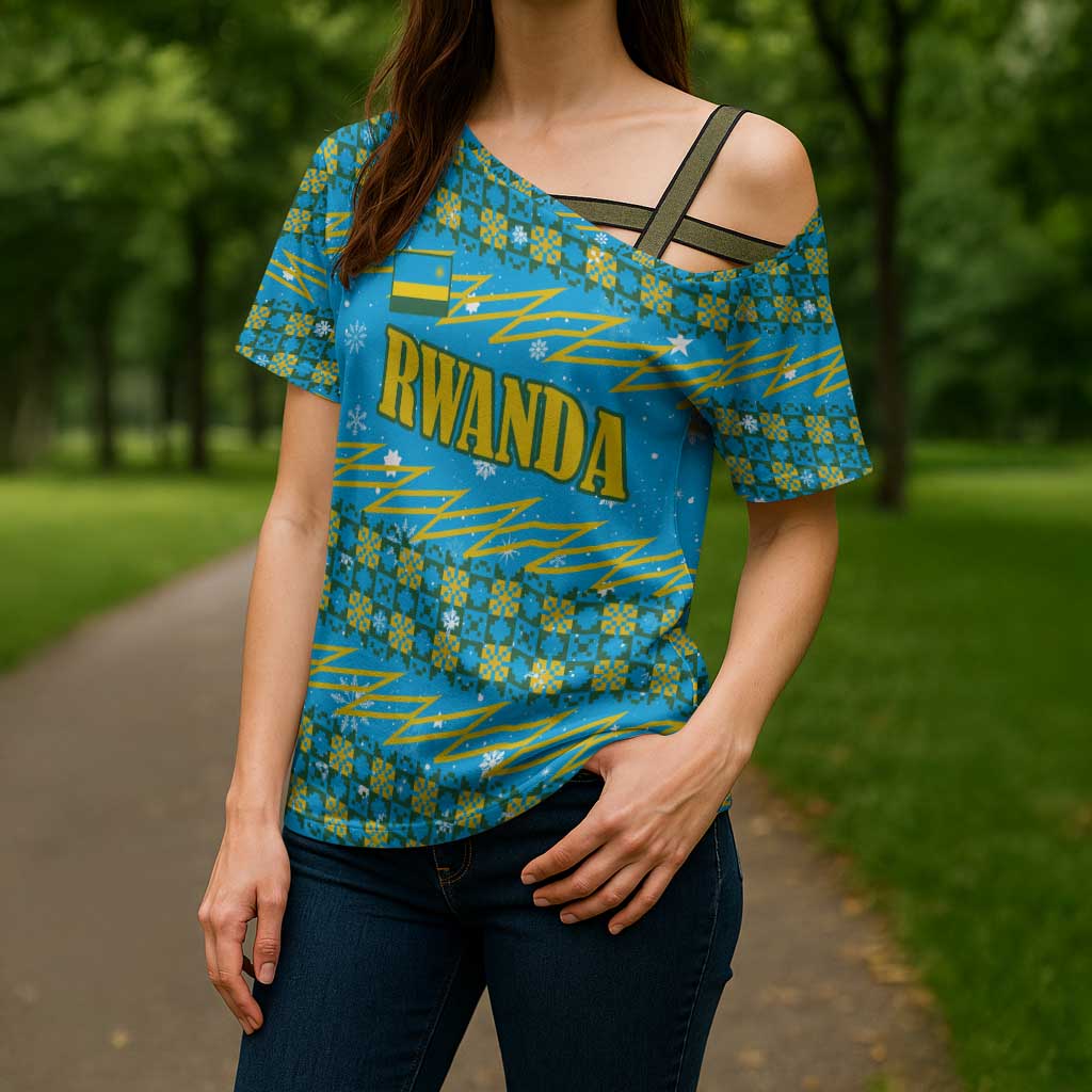 Rwanda Christmas Cross Shoulder Shirt with Blue-Yellow Pattern, Festive Geometric Motifs, and Bold Typography - Wonder Print Shop