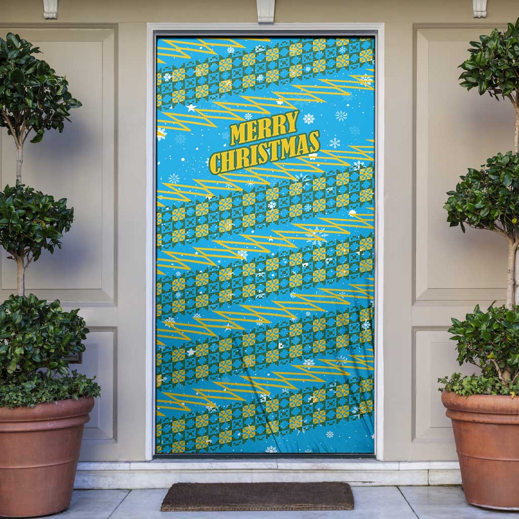 Rwanda Christmas Door Cover with Blue-Yellow Pattern, Festive Geometric Motifs, and Bold Typography - Wonder Print Shop