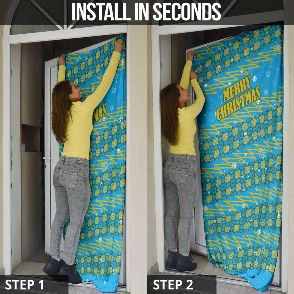 Rwanda Christmas Door Cover with Blue-Yellow Pattern, Festive Geometric Motifs, and Bold Typography - Wonder Print Shop