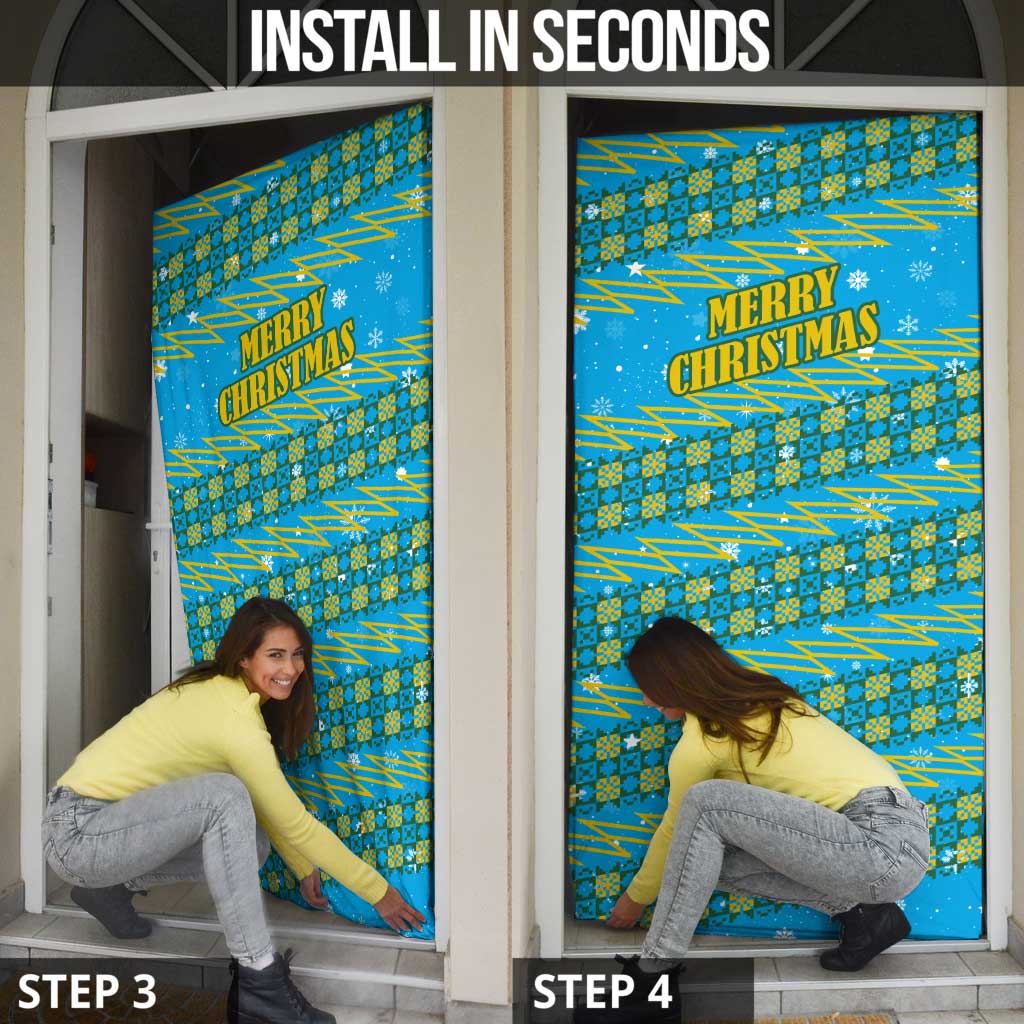 Rwanda Christmas Door Cover with Blue-Yellow Pattern, Festive Geometric Motifs, and Bold Typography - Wonder Print Shop