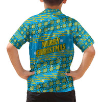 Rwanda Christmas Family Matching Long Sleeve Bodycon Dress and Hawaiian Shirt with Blue-Yellow Pattern, Festive Geometric Motifs, and Bold Typography - Wonder Print Shop