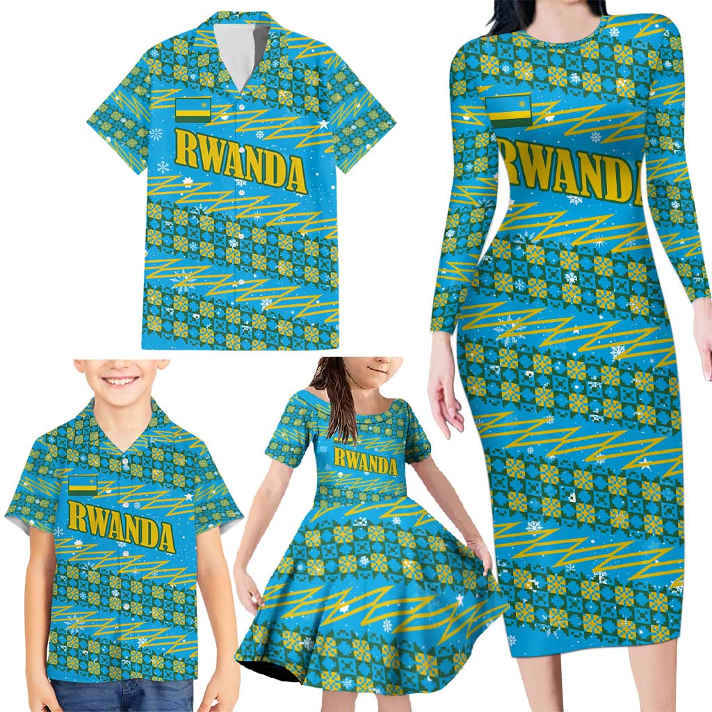 Rwanda Christmas Family Matching Long Sleeve Bodycon Dress and Hawaiian Shirt with Blue-Yellow Pattern, Festive Geometric Motifs, and Bold Typography - Wonder Print Shop