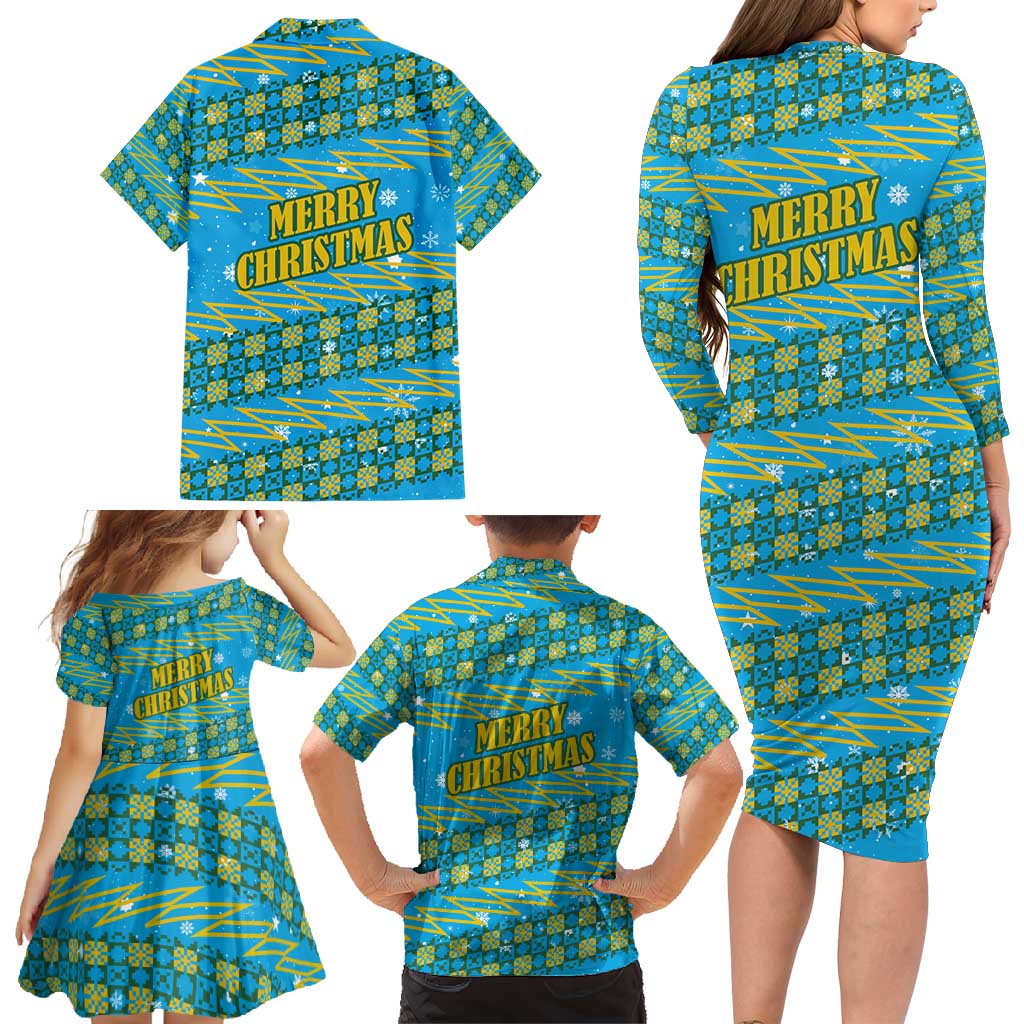 Rwanda Christmas Family Matching Long Sleeve Bodycon Dress and Hawaiian Shirt with Blue-Yellow Pattern, Festive Geometric Motifs, and Bold Typography - Wonder Print Shop