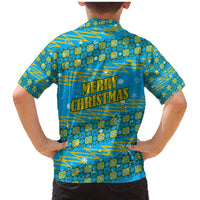 Rwanda Christmas Family Matching Mermaid Dress and Hawaiian Shirt with Blue-Yellow Pattern, Festive Geometric Motifs, and Bold Typography - Wonder Print Shop
