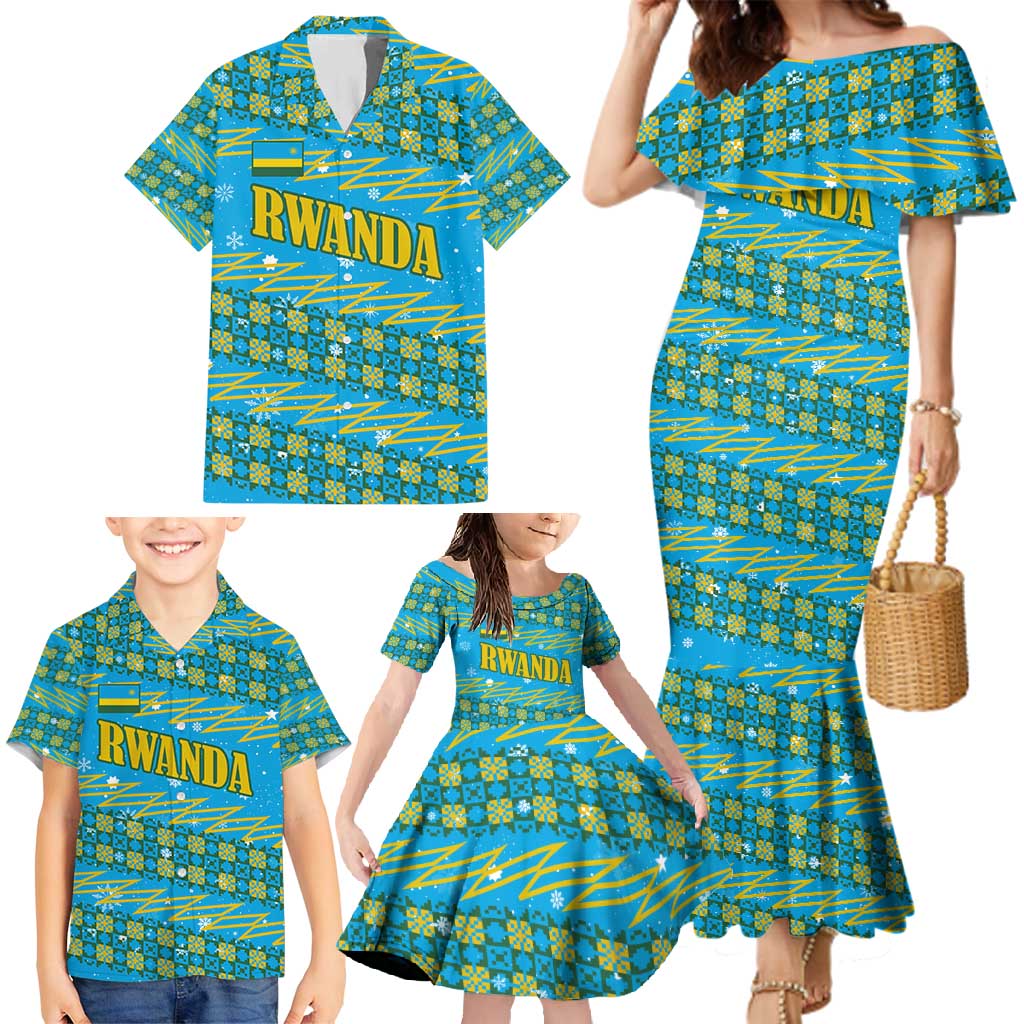Rwanda Christmas Family Matching Mermaid Dress and Hawaiian Shirt with Blue-Yellow Pattern, Festive Geometric Motifs, and Bold Typography - Wonder Print Shop