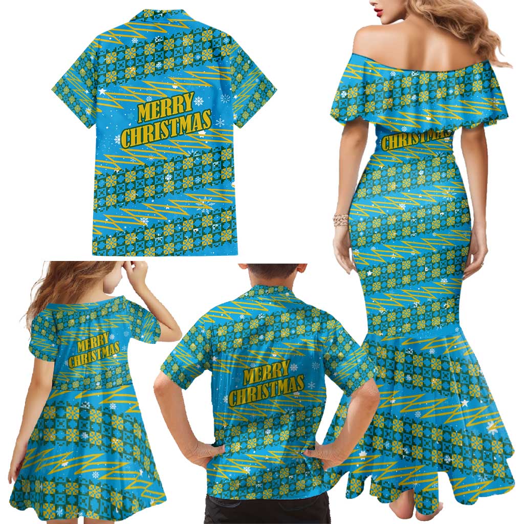 Rwanda Christmas Family Matching Mermaid Dress and Hawaiian Shirt with Blue-Yellow Pattern, Festive Geometric Motifs, and Bold Typography - Wonder Print Shop
