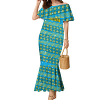 Rwanda Christmas Family Matching Mermaid Dress and Hawaiian Shirt with Blue-Yellow Pattern, Festive Geometric Motifs, and Bold Typography - Wonder Print Shop