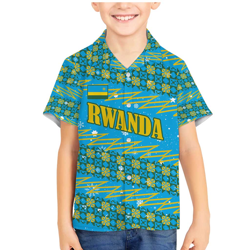 Rwanda Christmas Family Matching Mermaid Dress and Hawaiian Shirt with Blue-Yellow Pattern, Festive Geometric Motifs, and Bold Typography - Wonder Print Shop