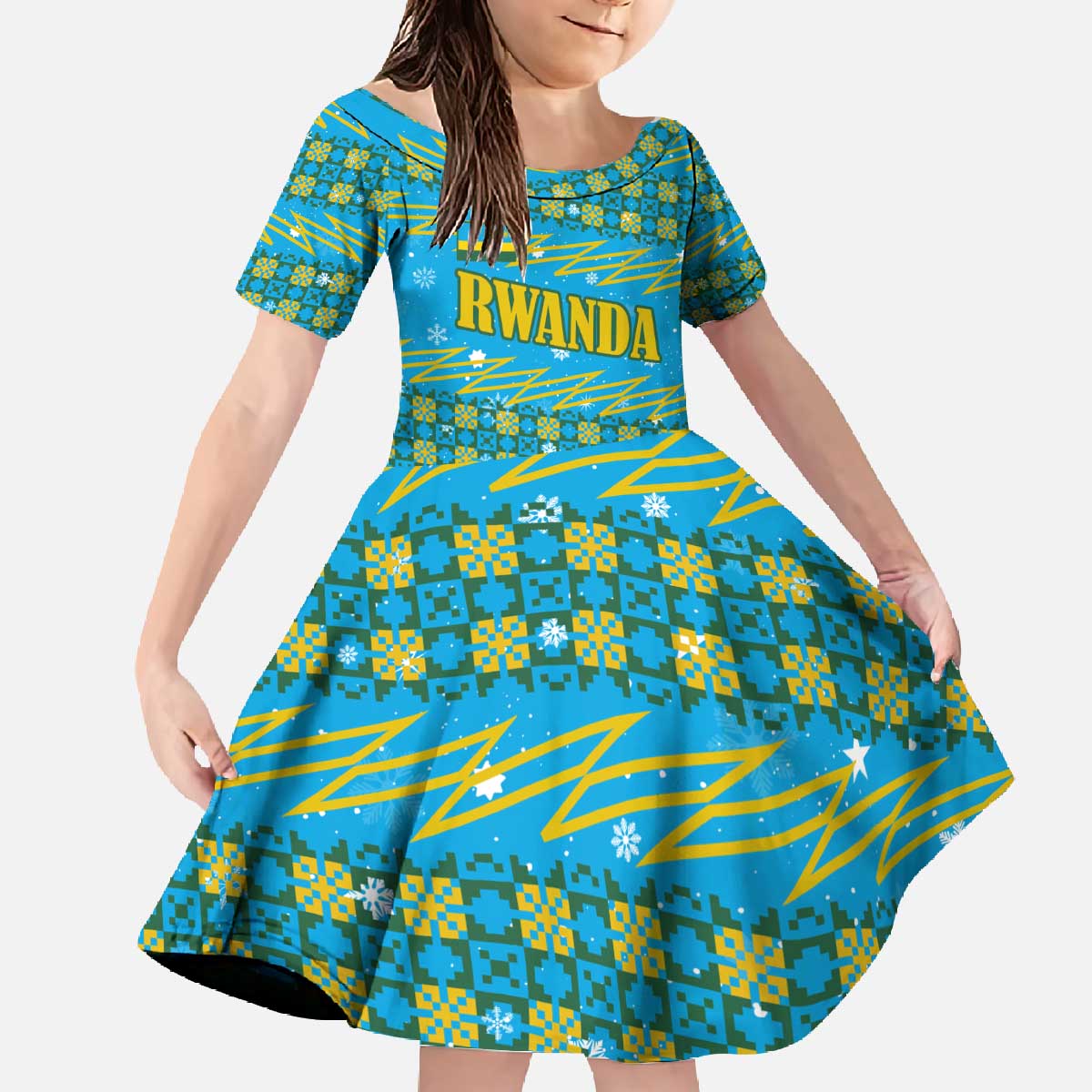 Rwanda Christmas Family Matching Off The Shoulder Long Sleeve Dress and Hawaiian Shirt with Blue-Yellow Pattern, Festive Geometric Motifs, and Bold Typography - Wonder Print Shop